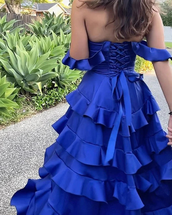 Luolandi Cute High-Low Off Shoulder A-Line Ruffle Long Party Dress Homecoming Dress